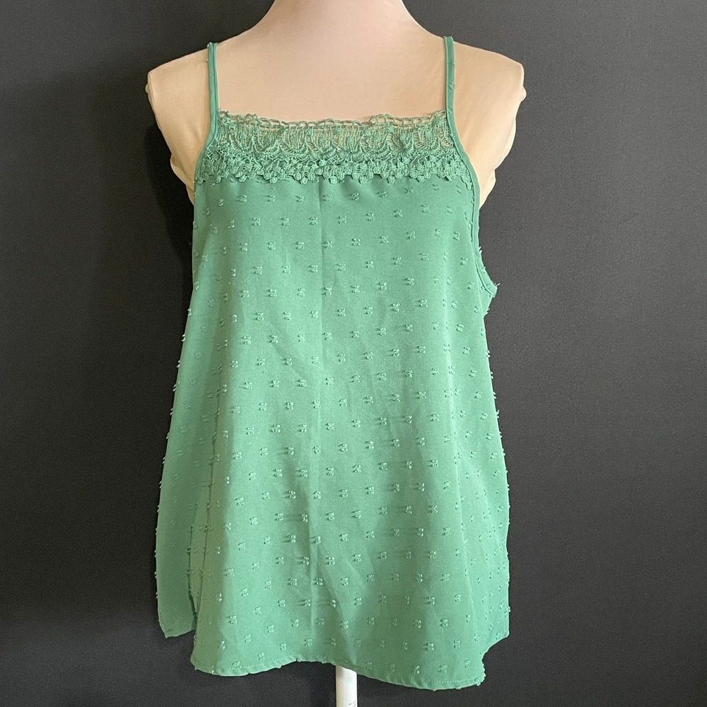 SHEIN Cami Top Women XL Green Good Swiss Dot Lace Trim Boho Sleeveless